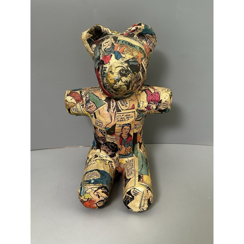 Vintage Handmade Folk Art Pop Art Comic Strip Paper Mache Teddy Bear Sculpture